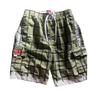 Ingear Plaid Cargo Swim Shorts W/ Pockets & Drawstring Waist L